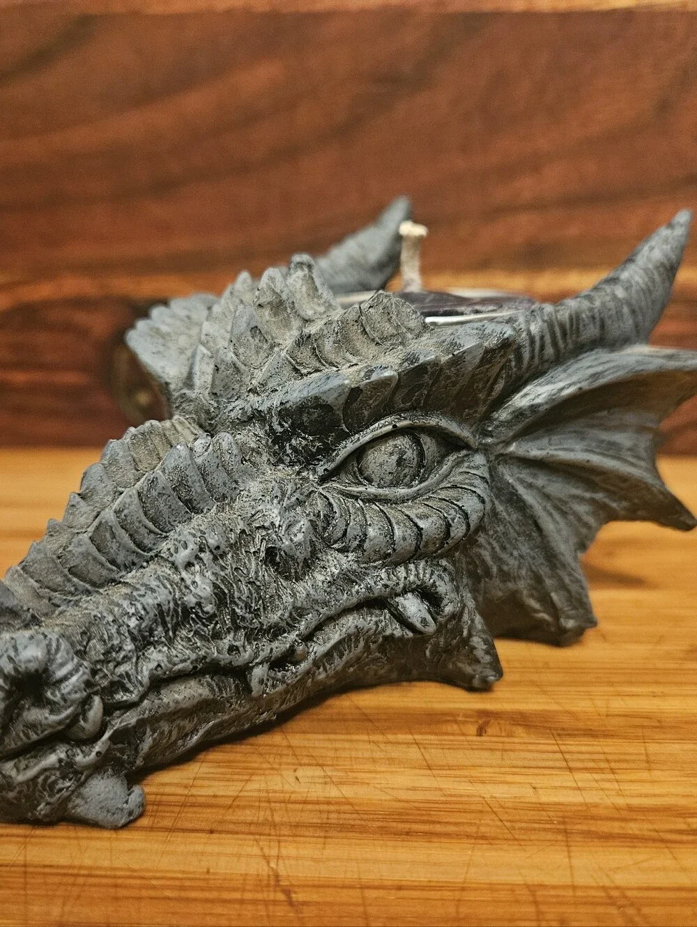 Gothic Dragon Head Tealight Candle Holder | 5” Grey Stone Finish Resin Figurine